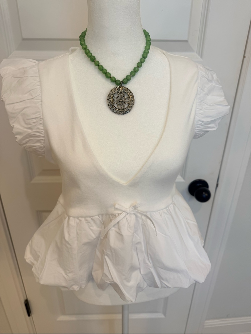 Maeve Cream V-Neck Puff-Sleeve Peplum Top-0003